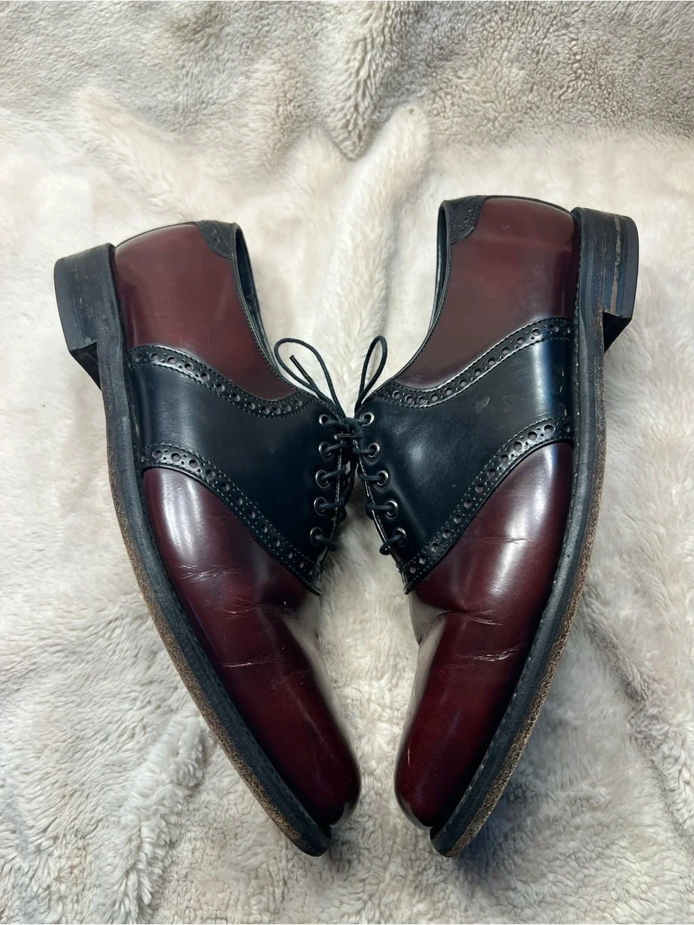 Florsheim burgundy and black leather saddle oxford shoes size 9